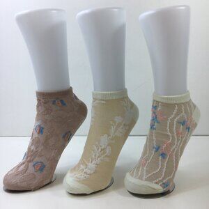 Womens Floral Ankle Socks 3-Pack Striped Cable Knit Beige Pink